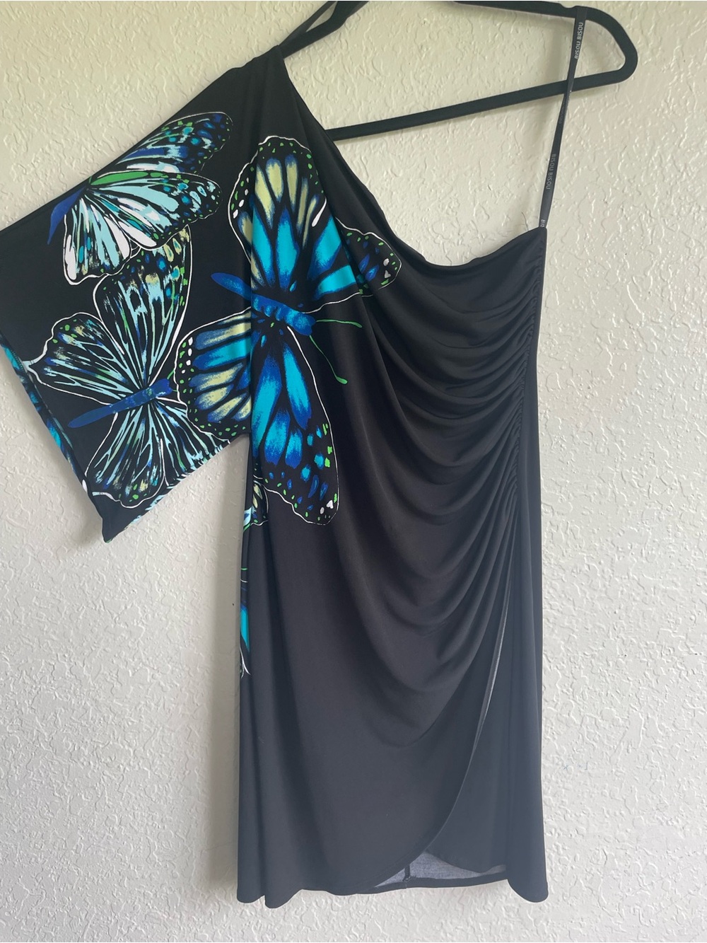 Bisou Bisou Black One-Shoulder Dress with Blue & Teal Butterfly Print